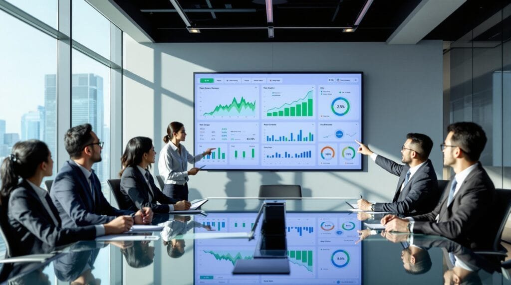 Executives reviewing energy performance metrics on a digital dashboard during a management review meeting.