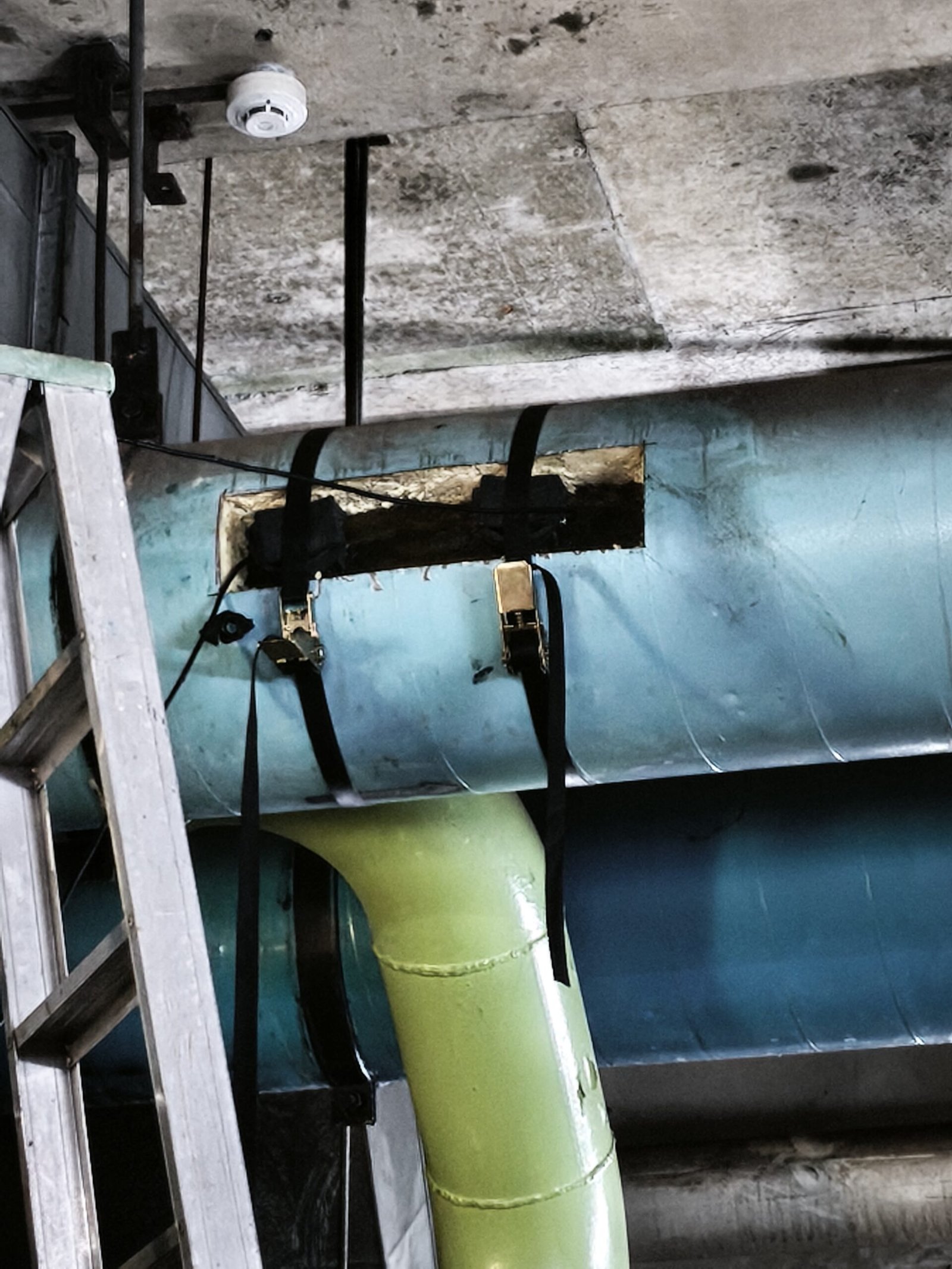 Chilled water pipework with insulation opened for ultrasonic transducer coupling, beside green and blue process pipework in a plant room