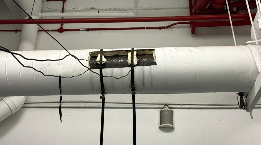 Two clamp-on ultrasonic flow transducers fitted to a white insulated chilled water pipe, insulation opened at each transducer position