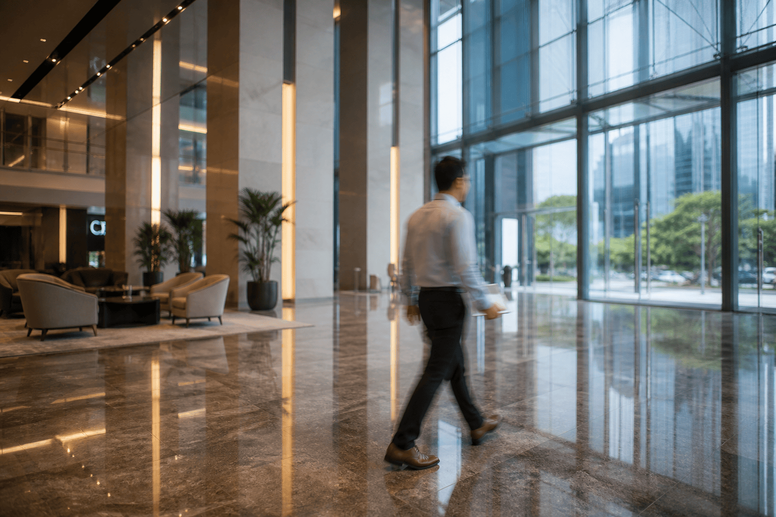 Lobby of a commercial office building, with a figure walking towards the entrance