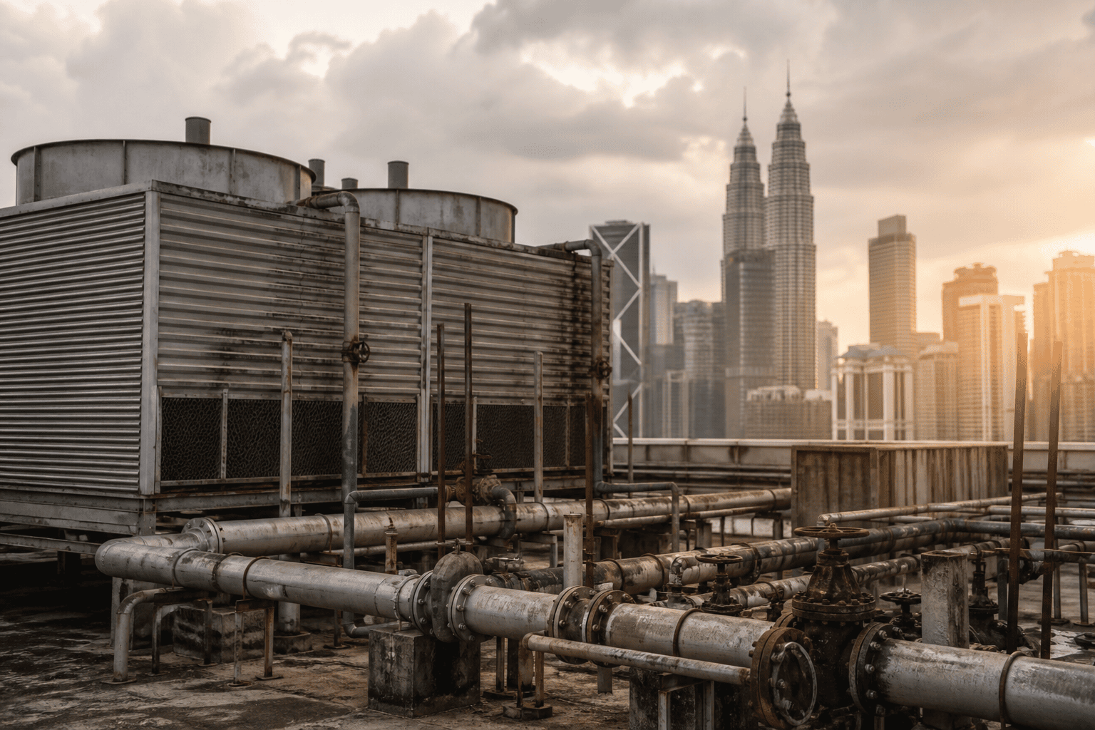 Rooftop cooling towers and pipework on a commercial office building